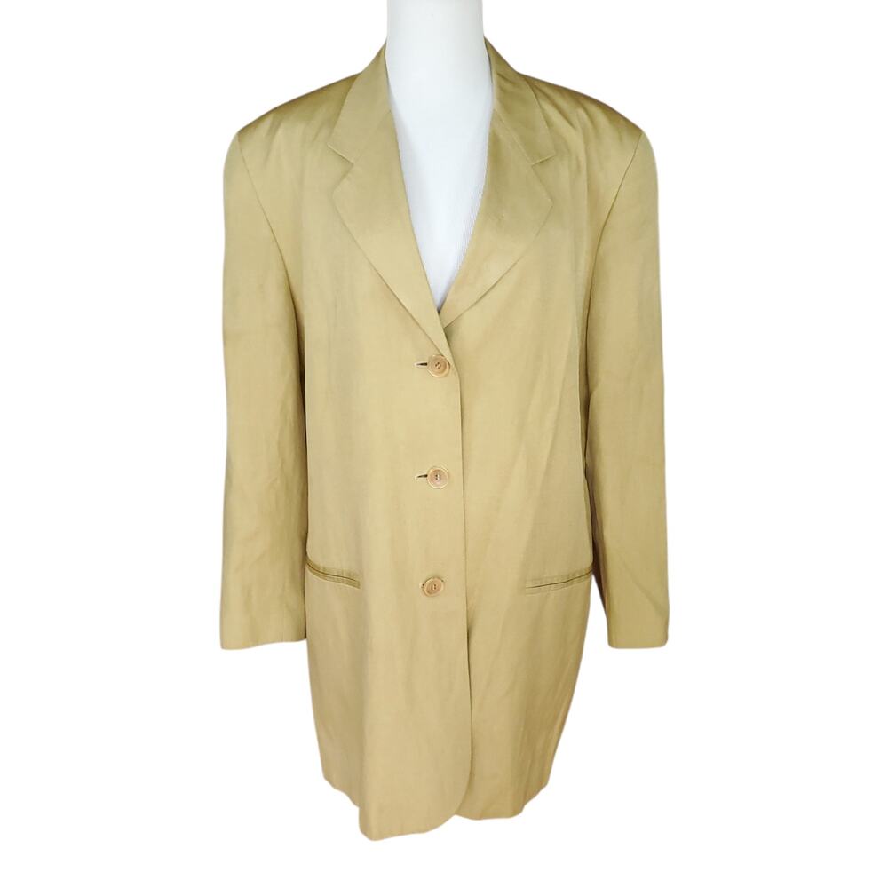 Escada Silk Linen Longline Boyfriend Blazer Jacket Gold Tan 90s Power Boxy  44